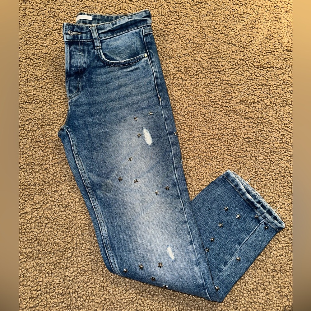 Zara Trafaluc denim wear studded Embellished Blue straight‎ Jeans